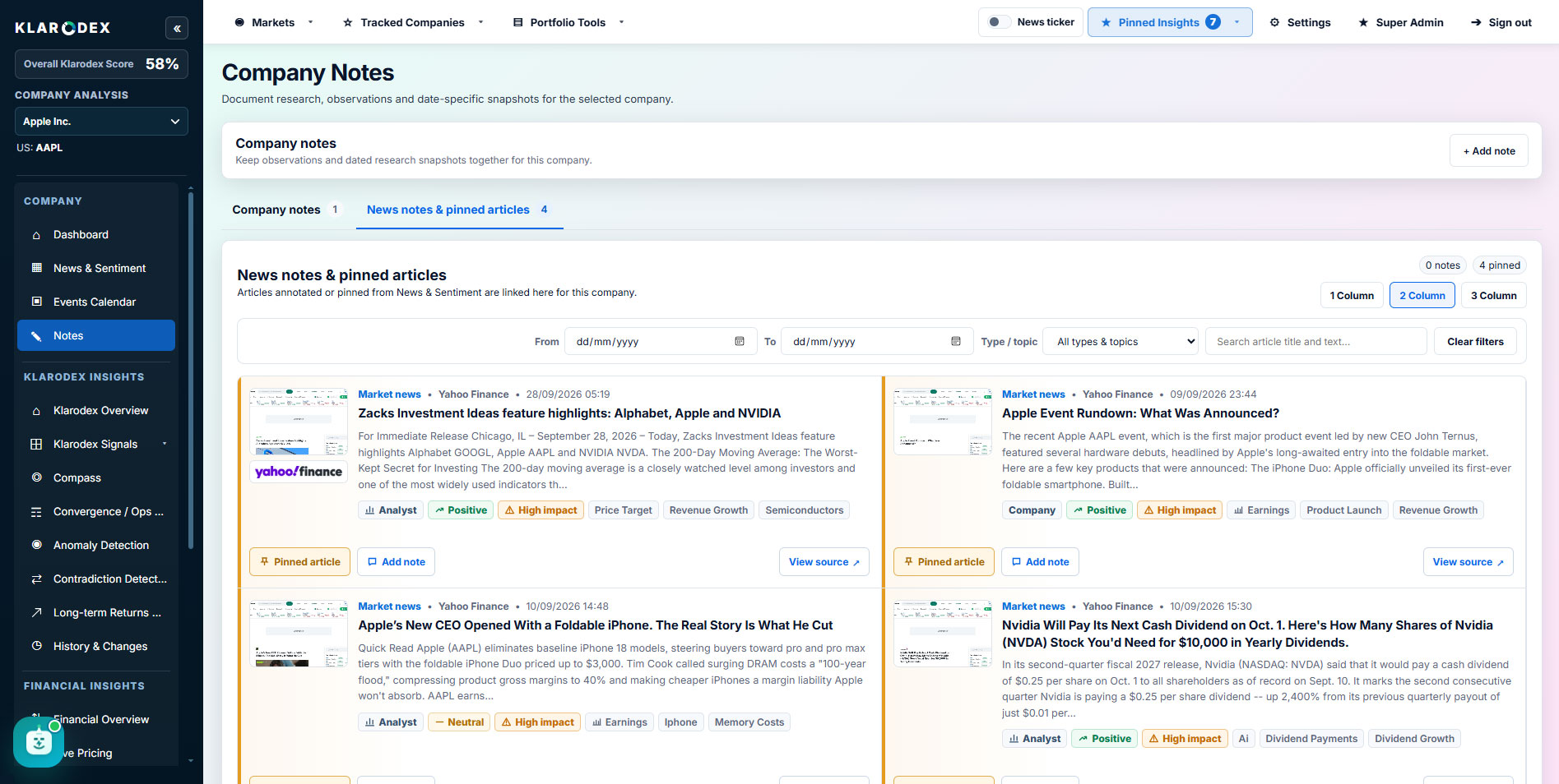 Notes and pinned news within company research — Klarodex platform screenshot
