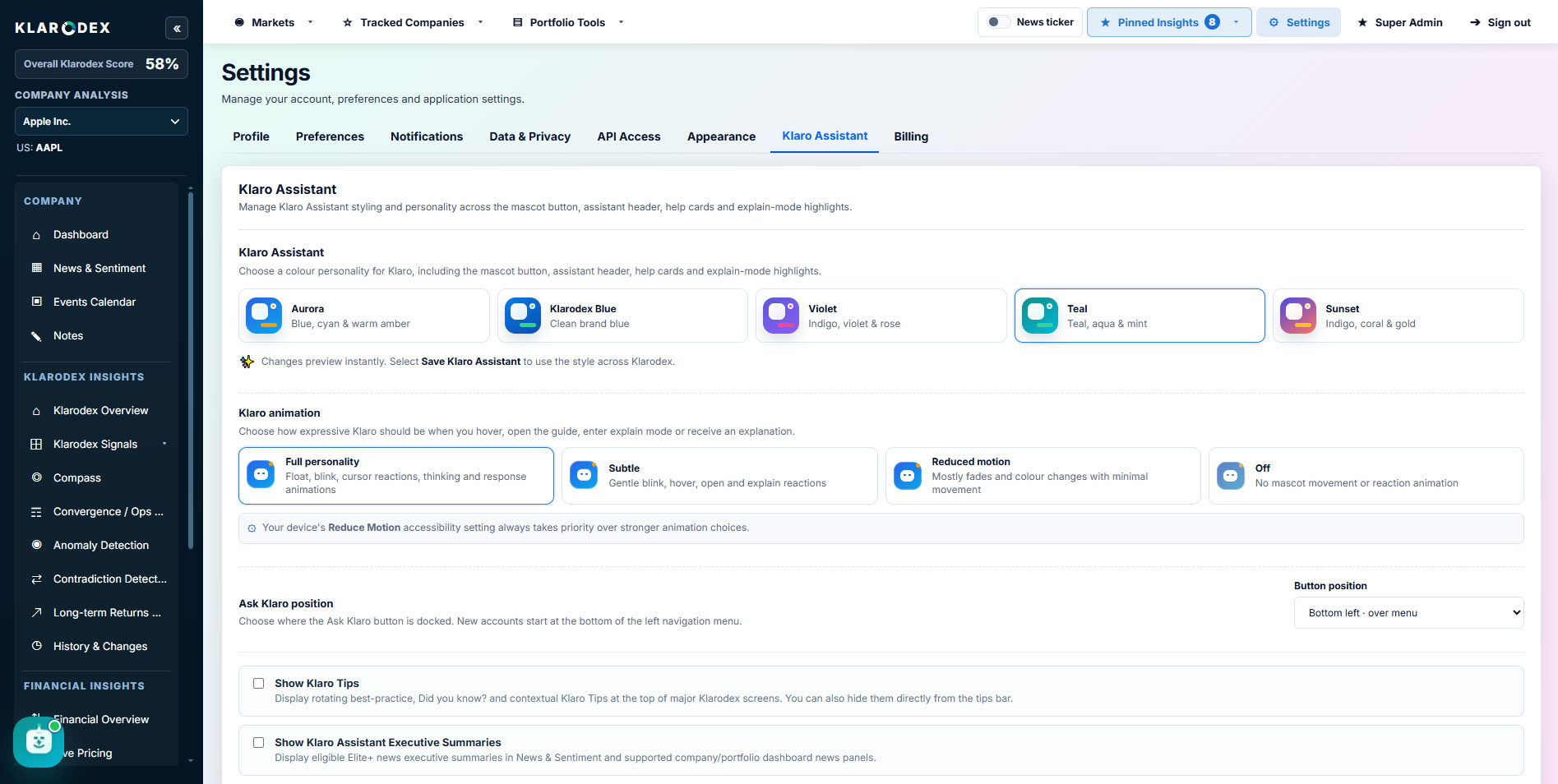 Klaro Assistant preferences — actual Klarodex platform screenshot