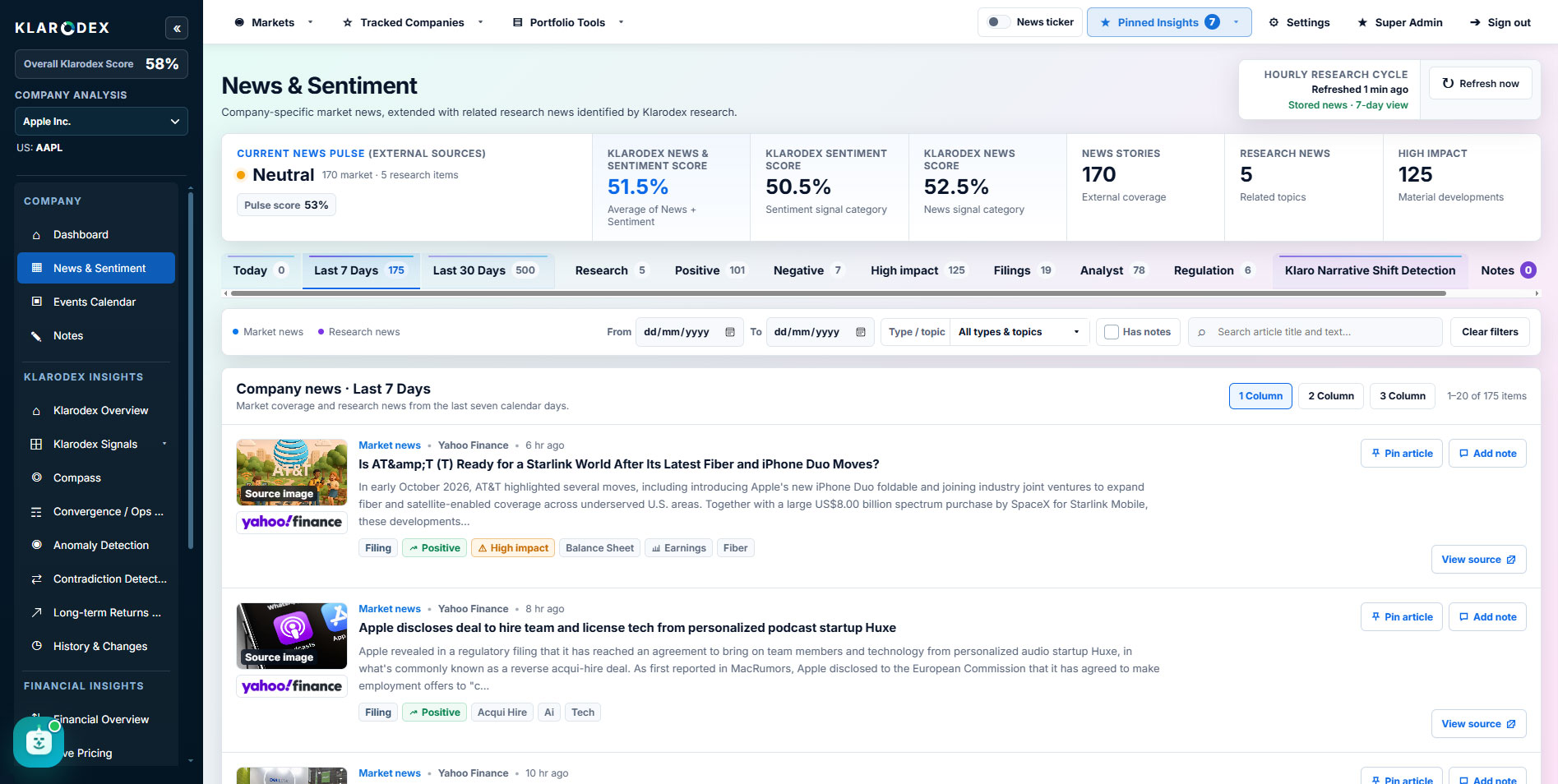 News And Sentiment — actual Klarodex platform screenshot