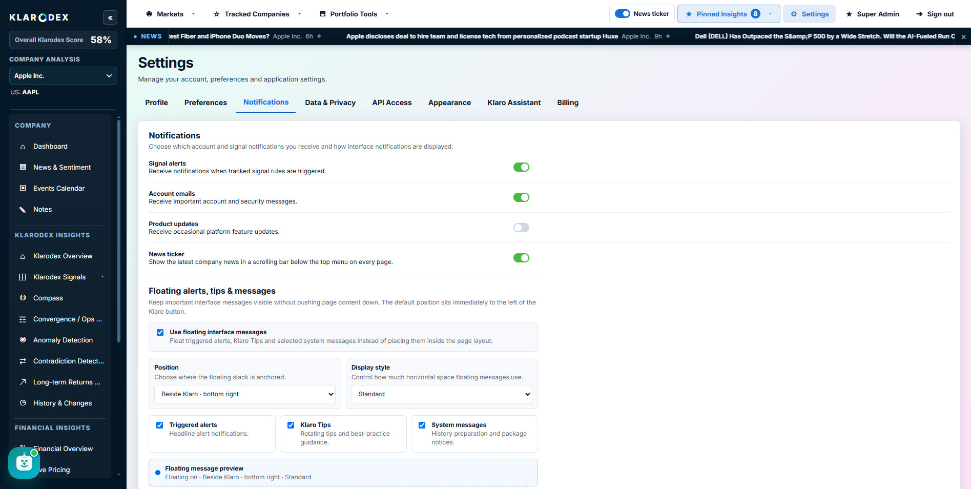 Platform account settings